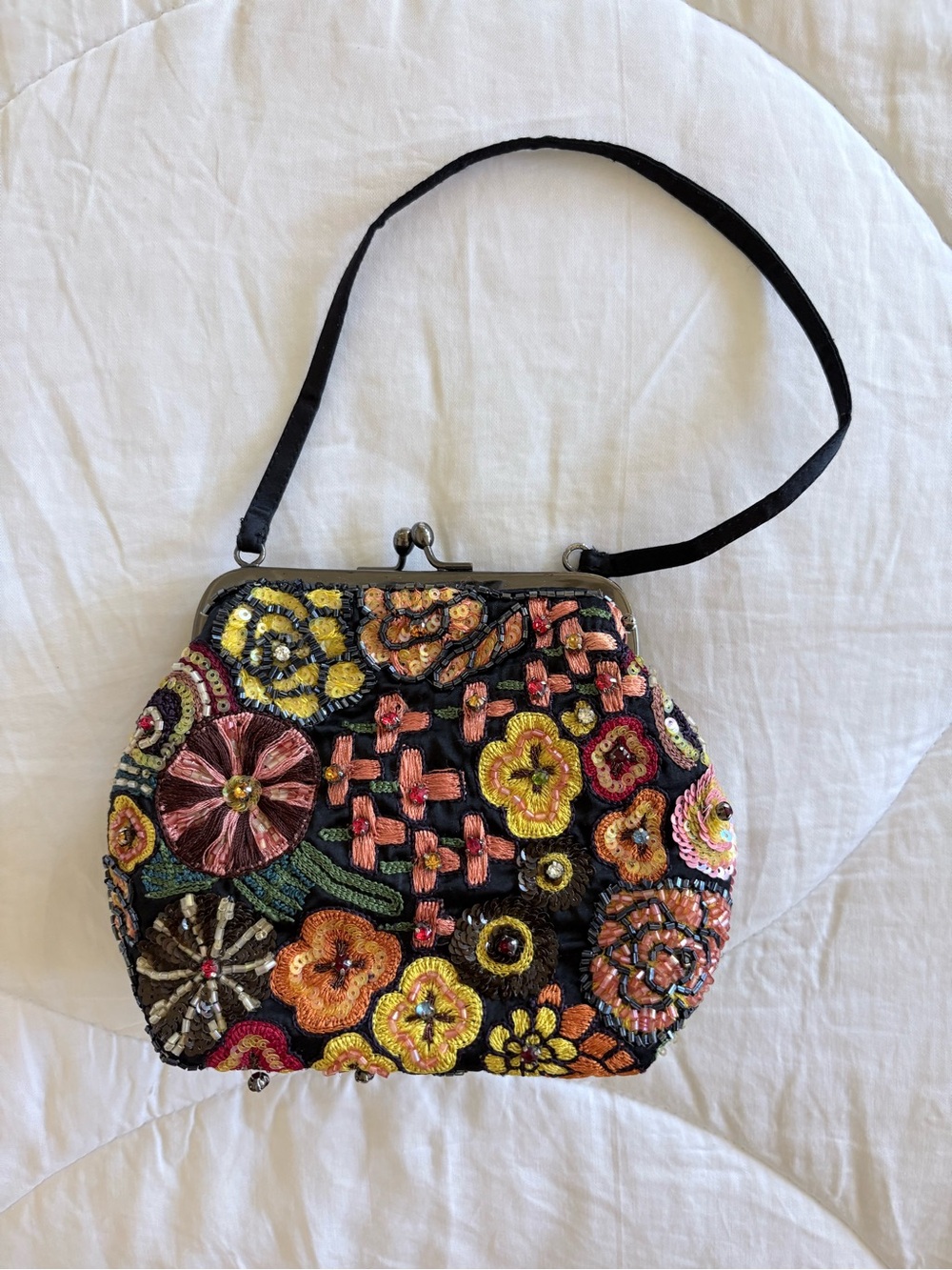 Black Floral Beaded Mini Shoulder Bag with Multicolor Embroidery